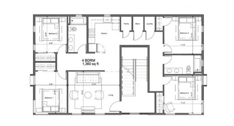 Floor plan for 4 beds, 2 baths, 1360 sqft